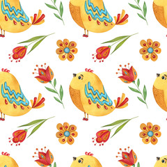 Watercolor seamless pattern with birds and flowers. Cute hand-drawn illustration for textile, scrapbooking, nursery, kids wrapping, poster, print and child decor.