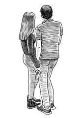 Sketch of couple loving young people standing together