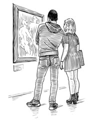 Fototapeta na wymiar Sketch of couple young people standing and looking at picture in museum