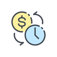 Fototapeta premium Time is money, Clock with Dollar Coin color line icon. Hourly Wage vector outline colorful sign.