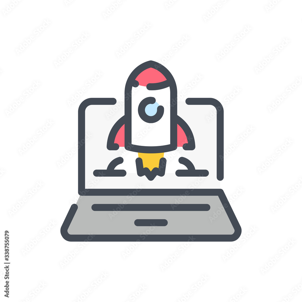 Poster startup color line icon. launch of the project vector outline colorful sign.