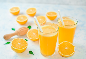 orange juice and chopped orange, top view,