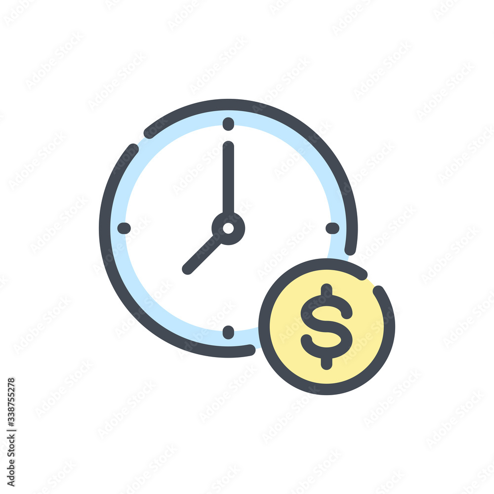 Poster dollar coin with clock watch color line icon. time is money vector outline colorful sign.