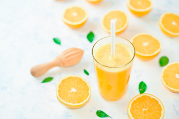 orange juice and chopped orange, top view,