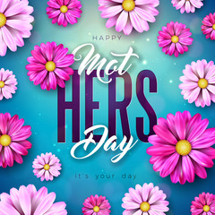 Happy Mother's Day Greeting Card Design with Flower and Typography Letter on Blue Background. Vector Celebration Illustration Template for Banner, Flyer, Invitation, Brochure, Poster.