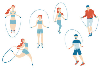 Set of Character Engage Sport Activities Doing Exercises, Fitness Workout, Running, Jumping on Rope. Healthy Lifestyle Leisure. Cartoon