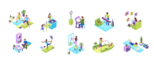 Stay and work from home concept set, quarantine isolation activities, sports training people, man playing music, girl baking with family, doing yoga poses, clean up window, video chat with friends