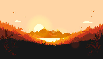 Vector landscape with warm sun. Sunrise over mountains with ocean and forest. Red and orange colours. Good morning, new day and positive emotions concept. Illustration. © Knut
