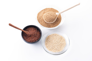 set of healthy food consists of fiber and quinoa seeds on a white background