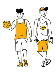 Basketball team players hand drawn vector illustration in flat line design. Teenagers cartoon character.
