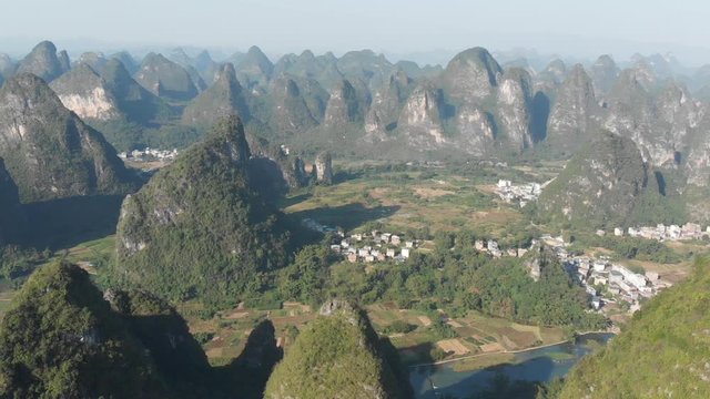 Amazing view above the magical Yangshuo County and its popular karst mountains, China