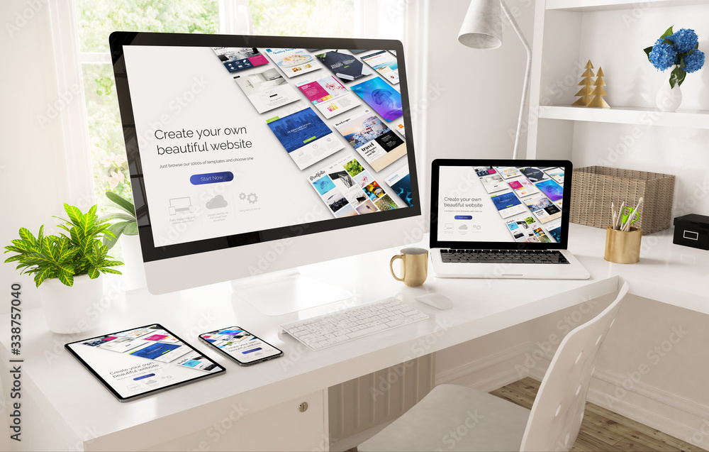 Poster responsive devices on home office setup showing website builder
