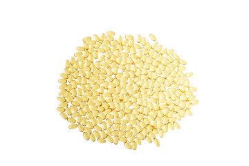 Softgels of Omega-3 on whight isolated background. Fish oil on a white background. Yellow capsules with medicine. Medical medicament of polyunsaturated fatty acids. top view with copy space