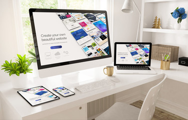 responsive devices on home office setup showing website builder
