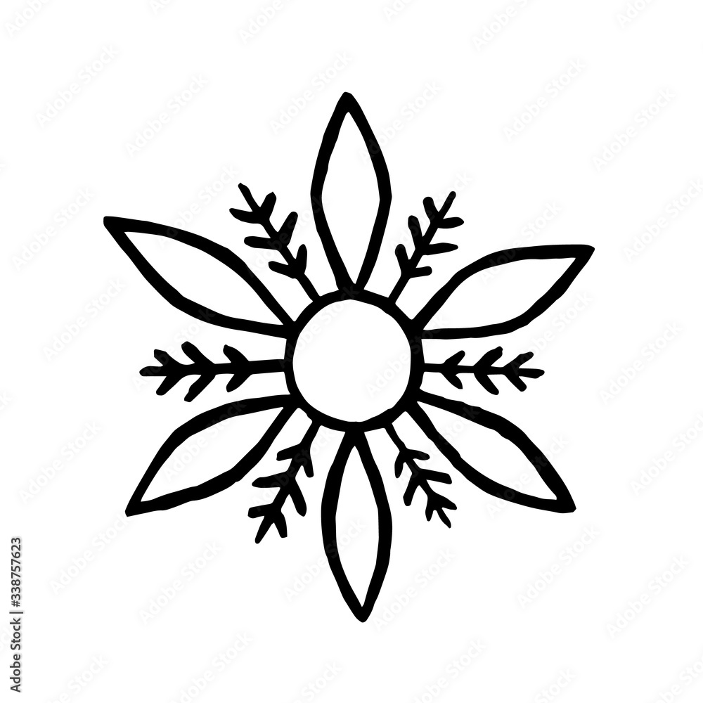 Poster drawing snow. flake icon. snowflake in doodle style for winter design. hand drawn snowflake isolated
