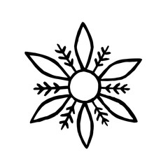 Drawing snow. Flake icon. Snowflake in doodle style for winter design. Hand drawn snowflake isolated on whit background. Snowflake icon. Symbol winter texture. Ice crystal ink freehand. Vector illustr