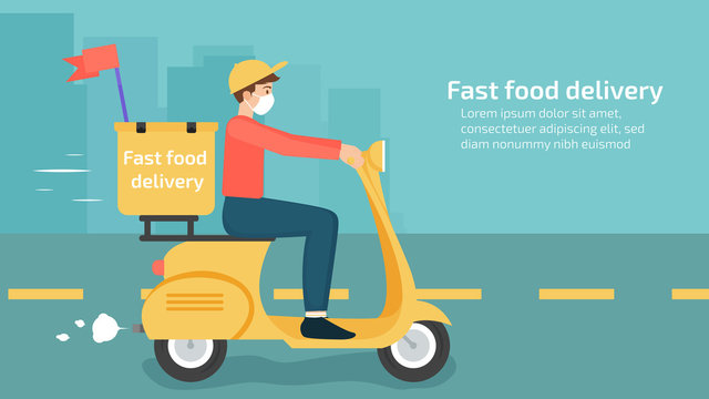 Man wear mask and cap drive a Motorcycle send Fast food delivery. vector illustration flat design concept modern.