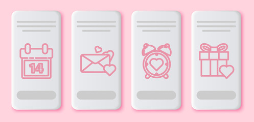 Set line Calendar with February 14, Envelope with heart, Heart in the center alarm clock and Gift box and heart. White rectangle button. Vector