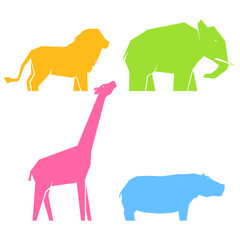 Set of multi-colored african animals in different poses, lions and hippos, elephants and giraffes, vector illustration