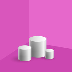 Cylindrical boxes for demonstration on the background of the corner with purple magenta walls and floor, white podium stand , vector illustration