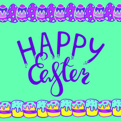 Vector drawing with lettering purple composition "Happy Easter" framed above and below with ribbons from patterns. Blue background with easter eggs, easter cakes. 