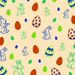 Doodle light orange background with rabbits and easter eggs in pastel tones.