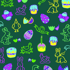 Doodle dark green background with rabbits, chicken, easter eggs, ribbons, easter cakes, eggshell. Fluorescent colors.