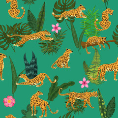 Leopards in different poses with tropical plants leaves flowers seamless pattern