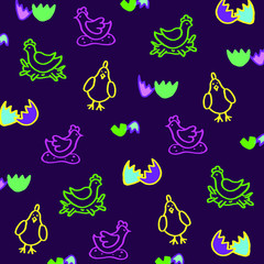 Doodle dark purple background with chicken, easter eggs, eggshell. Fluorescent colors.