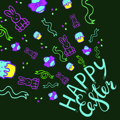 Vector drawing with lettering blue composition "Happy Easter". Dark green background with rabbits, easter eggs, ribbons, easter cakes, sprinkling. Cracker, fireworks, explosion, diagonal composition. 