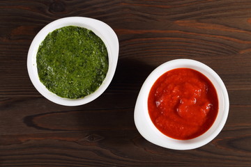 Green and red sauces.