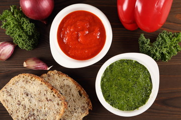 Green and red sauces.