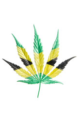 Jamaican Flag-like hand coloured Leaf of full-grown Hemp - Cannabis - isolated on white background with shadow. Growing medical marijuana. Studio shot
