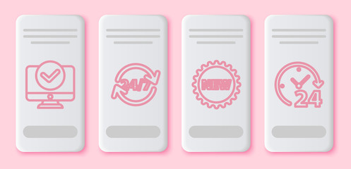 Set line Computer monitor, Clock 24 hours, Price tag with New and Clock 24 hours. White rectangle button. Vector