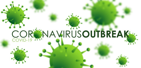 Design of a coronavirus outbreak with a viral cell in microscopic form. Vector illustration template on the topic of a dangerous SARS epidemic for an advertising banner or leaflet.