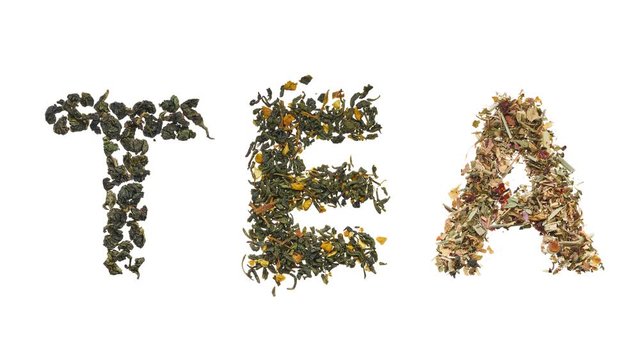 The word tea made from different varieties of dry tea. Changing varieties of stencil tea on a white background