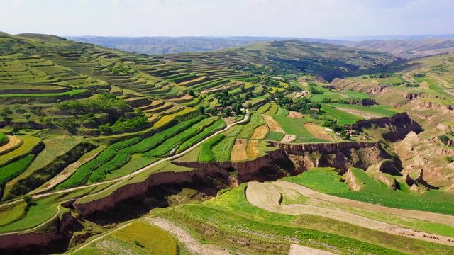 Drone over terraces in the Hebei province of China.