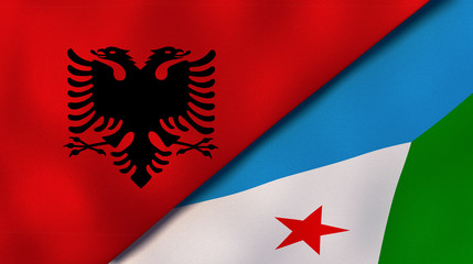 The flags of Albania and Djibouti. News, reportage, business background. 3d illustration
