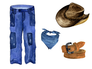 hand drawn watercolor set of blue jeans cowboy hat neckerchief and leather belt on a white background.