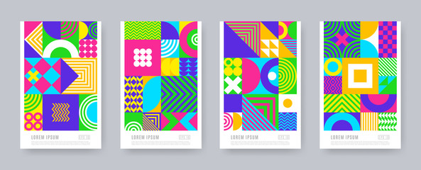 Fototapeta premium Set of posters with geometric shapes and pattern. Trendy multicolored design. Cover design. Vector illustration.