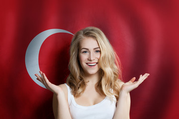Surprised cute happy girl with Turkey flag background. Travel and learn turkish language concept