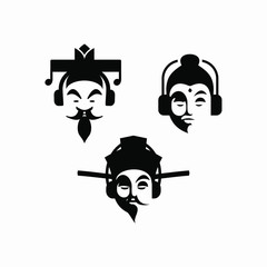 set of Illustration of a asian chinese, dinasty, buddha musician, head with headphones Vector illustration, a flat design.