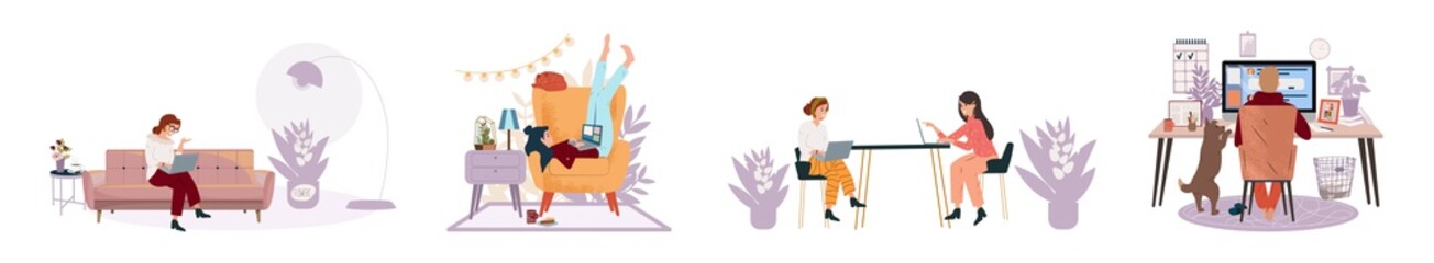People working studying in comfortable conditions set vector flat illustration. Freelance people with computers at home in quarantine. Online shopping, education. Man and woman self employed concept