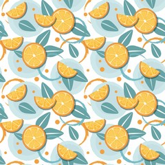 Slices of orange and leaf on white background. Summer tropical pattern. 
