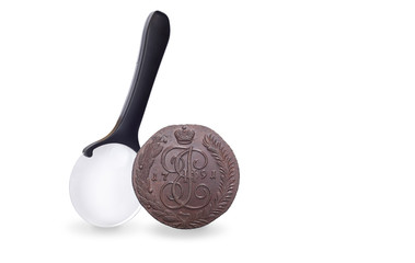 Numismatics. Old collectible coins made of copper. Isolated white background. Top view.