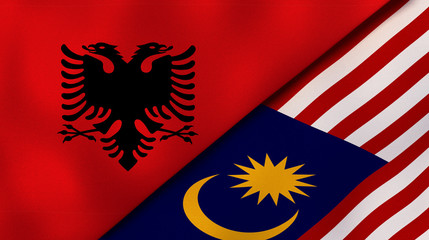 The flags of Albania and Malaysia. News, reportage, business background. 3d illustration