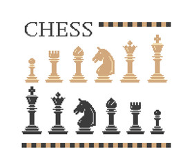 Chess piece icons isolated on white background. Cross stitch.