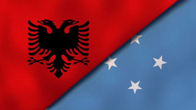 The flags of Albania and Micronesia. News, reportage, business background. 3d illustration