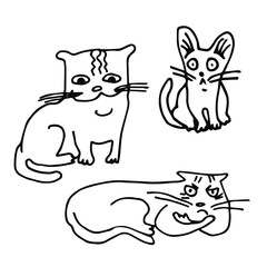 Three cute graphic cats. Line Artaud. White background, isolate. Stock illustration.