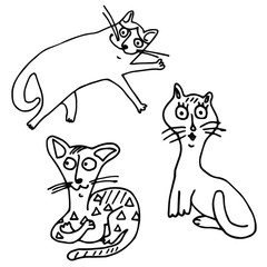 Three cute graphic cats. Line Artaud. White background, isolate. Stock illustration.